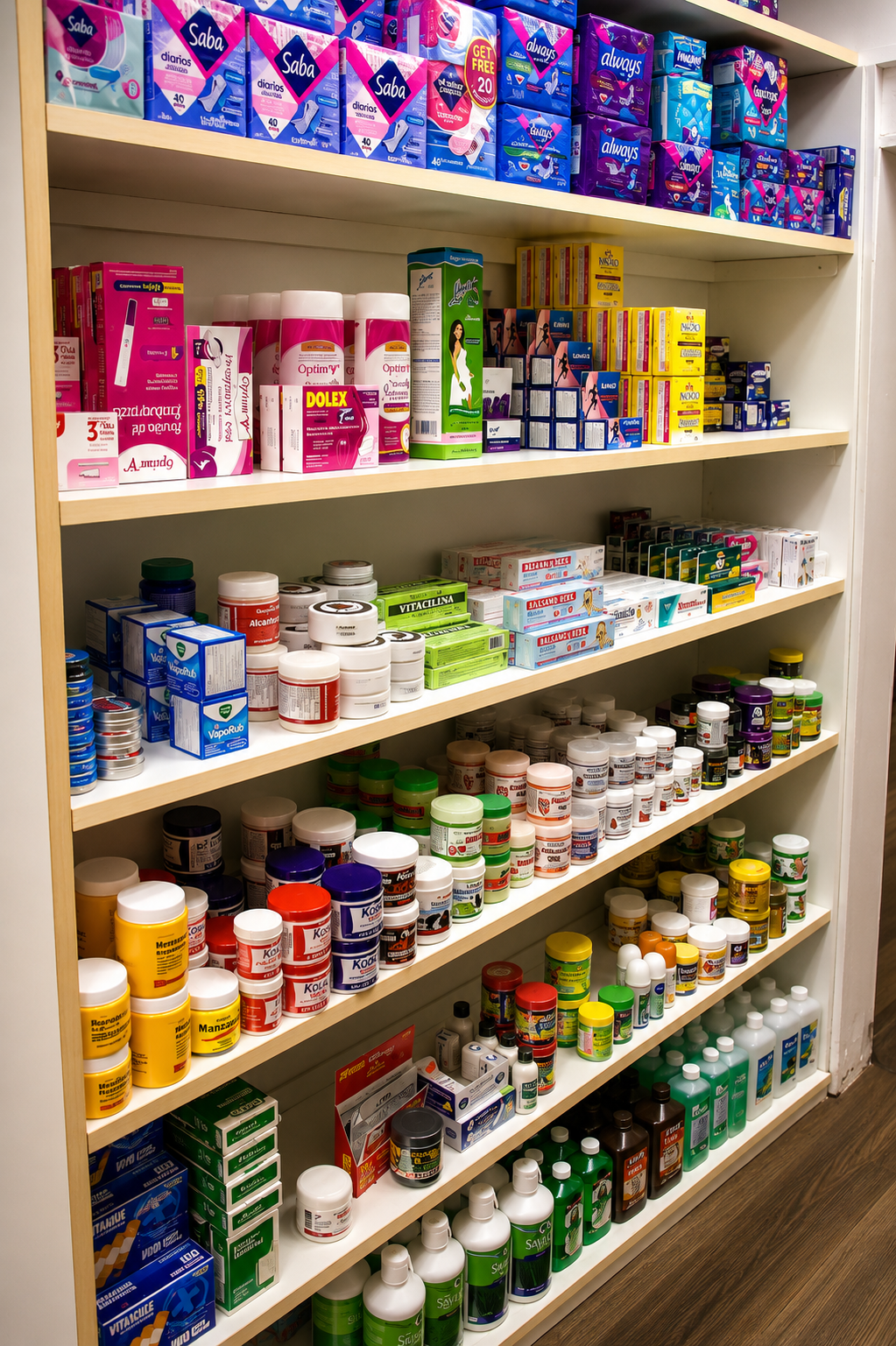 Colorful Pharmacy Shelves in Spanish